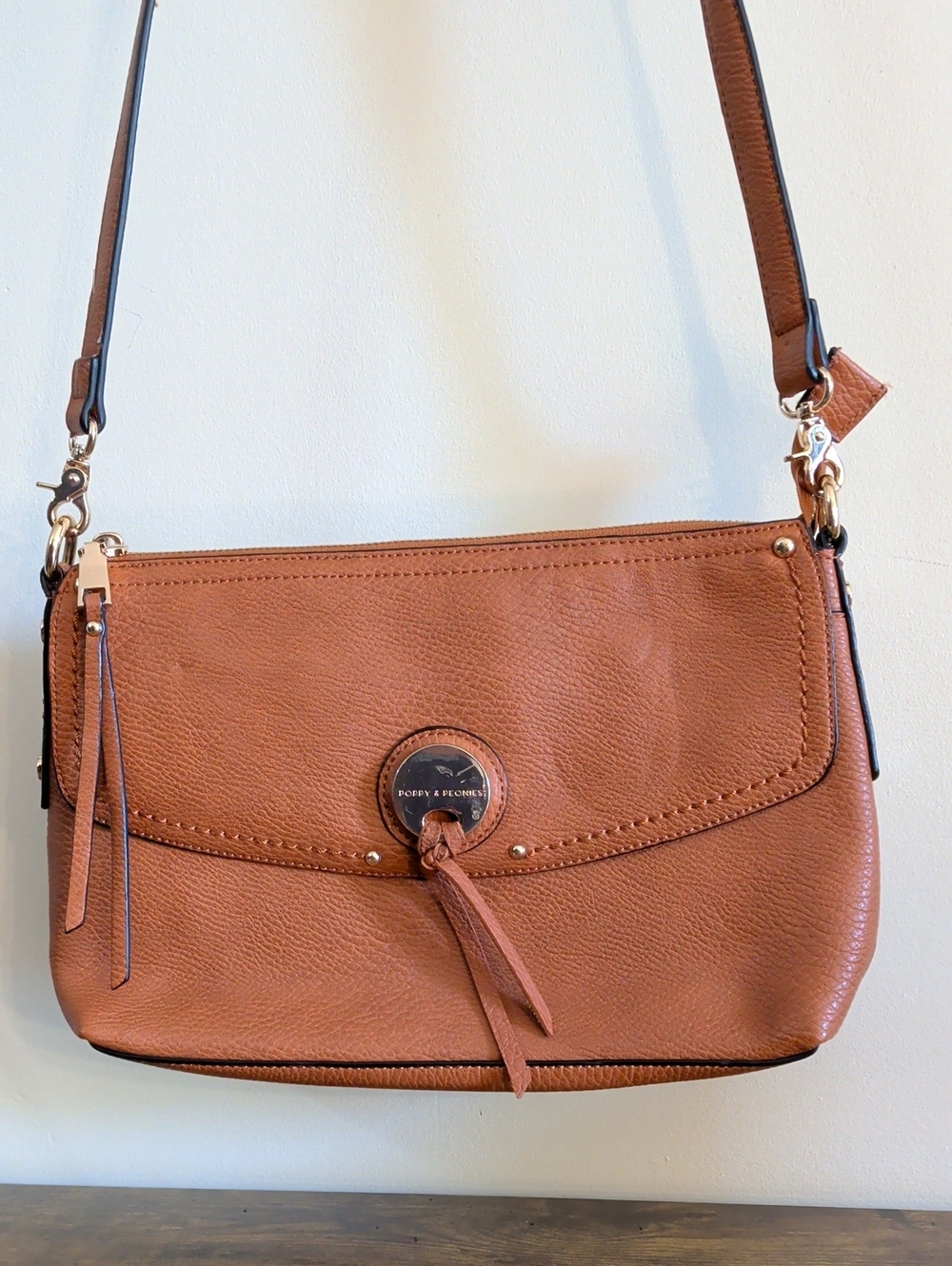 Poppy & Peonies Cognac Leather Crossbody with Tassel Detail